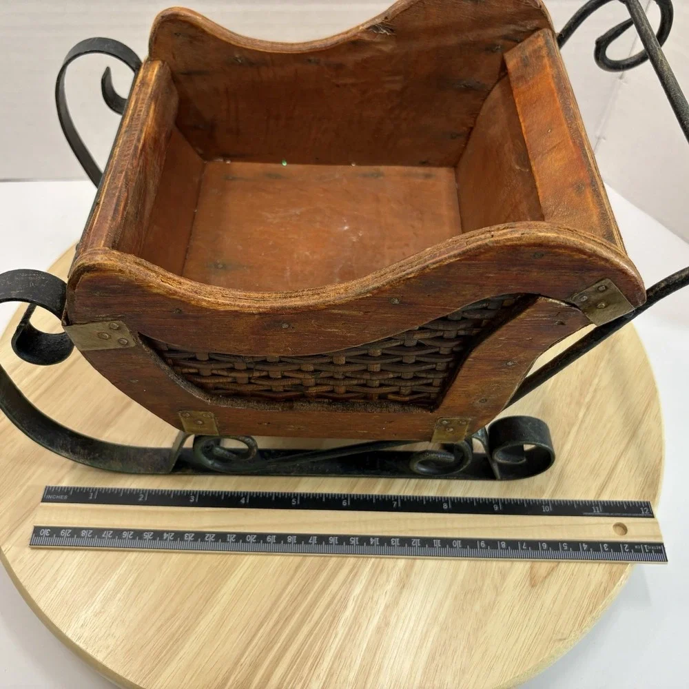 Wood Wicker & Metal Sleigh Storage Basket Small Brown/Black Handle Christmas